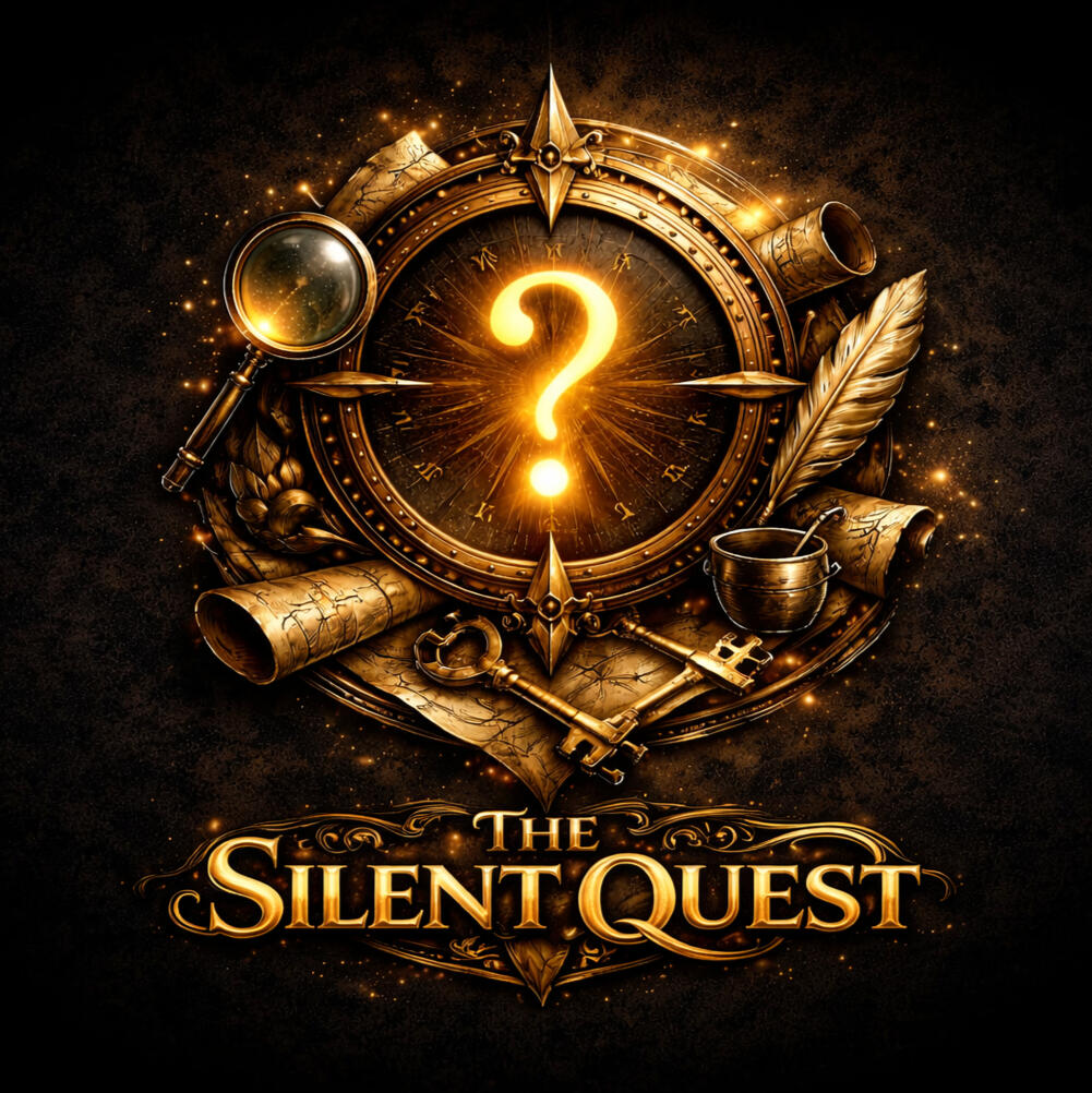The Silent Quest logo with golden question mark on black background